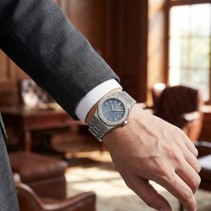 Relógio masculino Poedagar Deluxe Octagon Silver Blue em aço inoxidável, mostrador azul — vista do conjunto