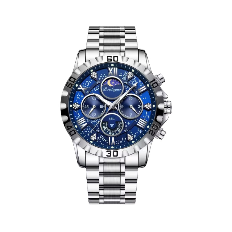 Relógio masculino Poedagar Salvatore Silver Blue em aço inoxidável, mostrador azul