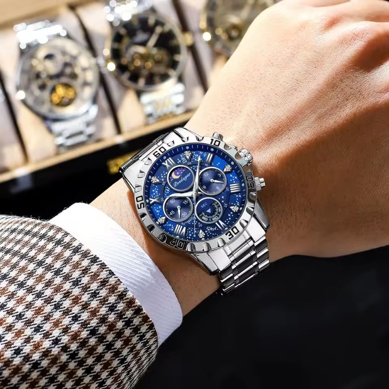 Relógio masculino Poedagar Salvatore Silver Blue em aço inoxidável, mostrador azul — vista detalhada