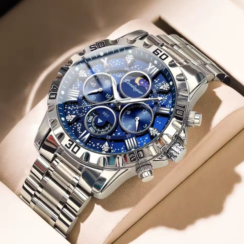 Relógio masculino Poedagar Salvatore Silver Blue em aço inoxidável, mostrador azul — outro ângulo