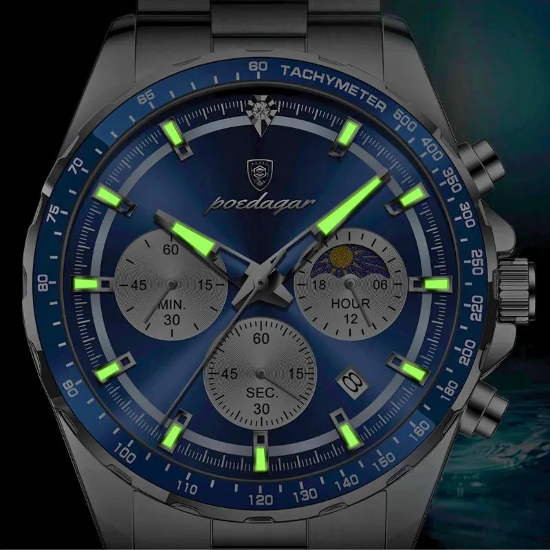 Relógio masculino Poedagar Blu Celestiale em aço inoxidável, mostrador azul — detalhe do design