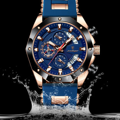 Relógio masculino Poedagar Philippe Rose Gold Edition em silicone, mostrador dourado — detalhe do design