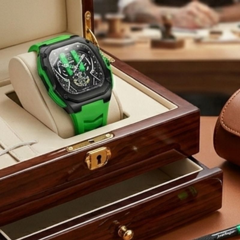 Relógio masculino Poedagar Velocity Green em silicone, mostrador verde — detalhe do design