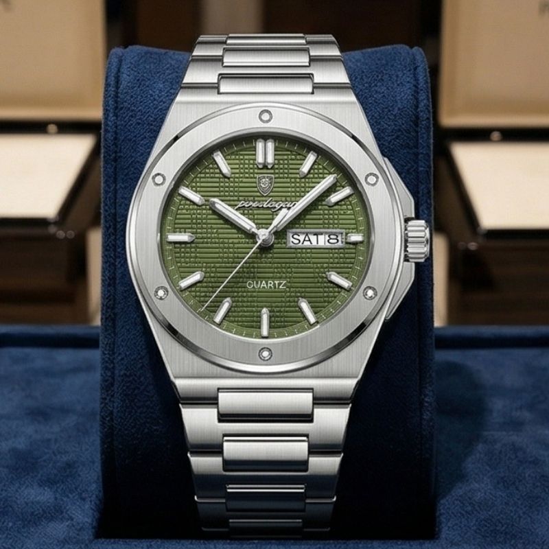 Relógio masculino Poedagar Majesty Silver Green em aço inoxidável, mostrador verde — imagem complementar