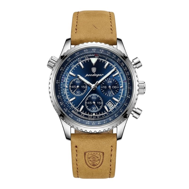 Relógio masculino Poedagar Giuseppe Blu em couro, mostrador azul