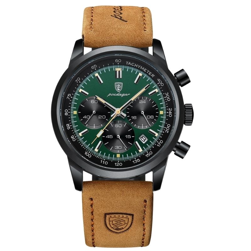 Relógio masculino Poedagar Etienne Black Green em couro, mostrador verde