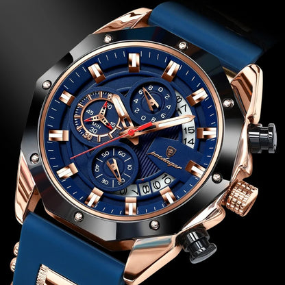 Relógio masculino Poedagar Philippe Rose Gold Edition em silicone, mostrador dourado — detalhe do acabamento