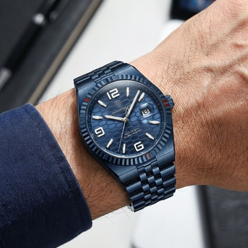 Relógio masculino Poedagar Altieri Blue em aço inoxidável, mostrador azul — vista detalhada