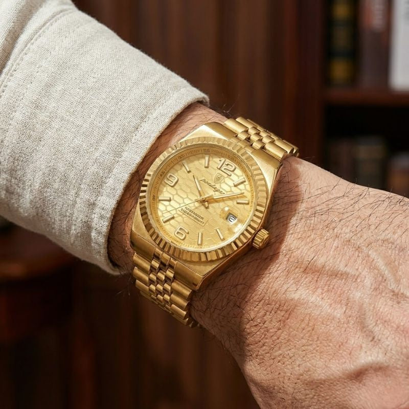 Relógio masculino Poedagar Altieri Gold em aço inoxidável, mostrador dourado — outro ângulo