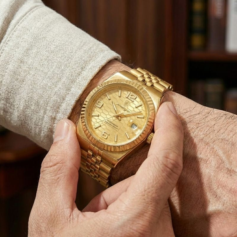 Relógio masculino Poedagar Altieri Gold em aço inoxidável, mostrador dourado — detalhe do acabamento