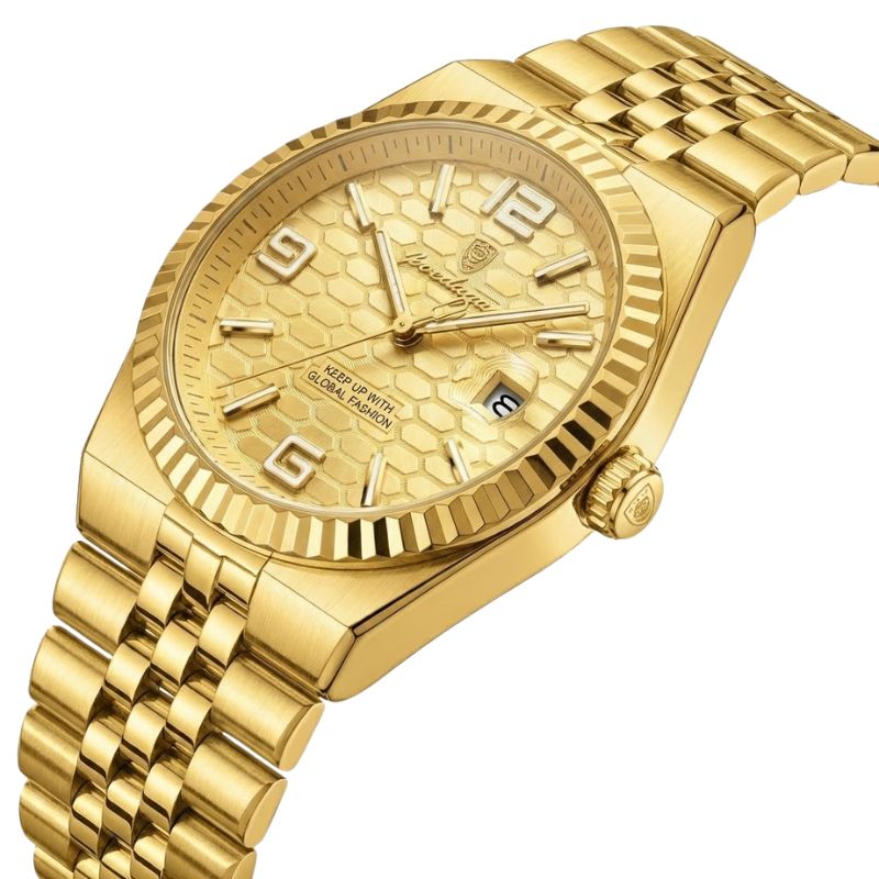 Relógio masculino Poedagar Altieri Gold em aço inoxidável, mostrador dourado — vista do conjunto