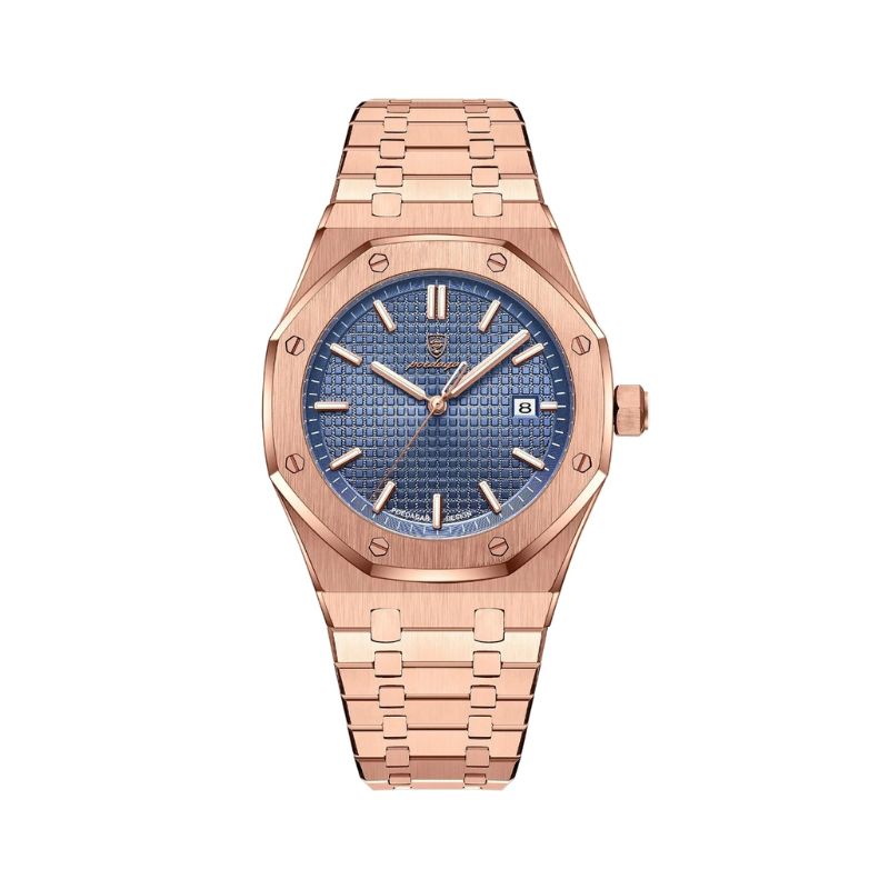Relógio masculino Poedagar Deluxe Octagon Rosé Blue em aço inoxidável, mostrador azul