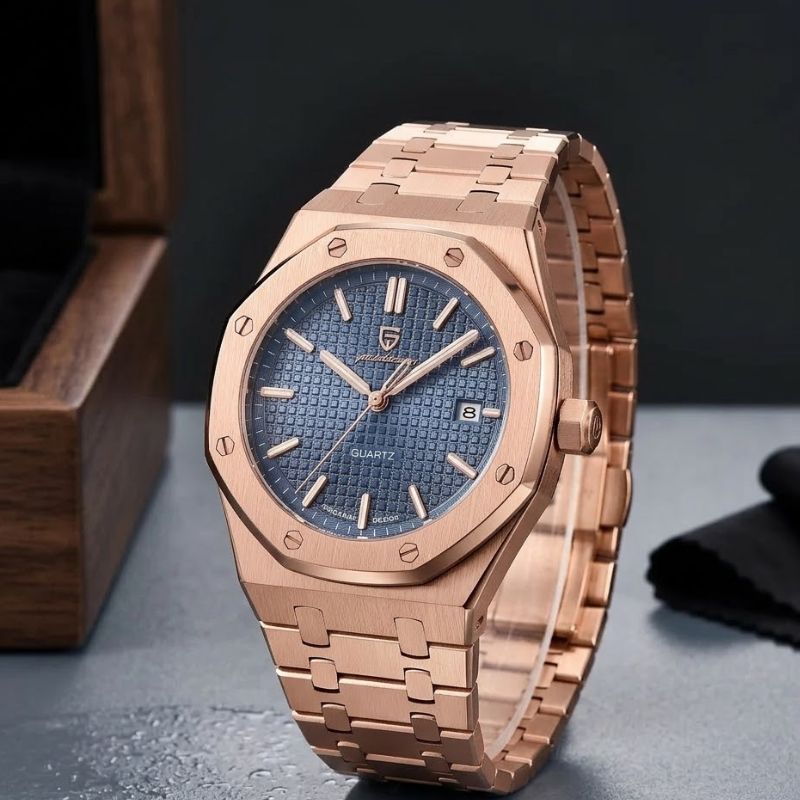 Relógio masculino Poedagar Deluxe Octagon Rosé Blue em aço inoxidável, mostrador azul — outro ângulo