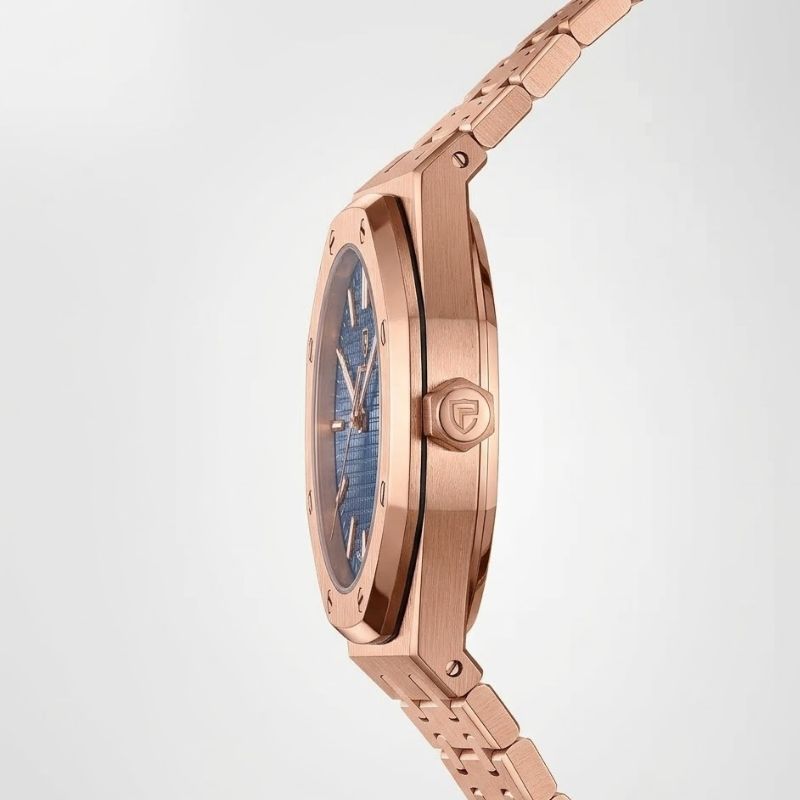 Relógio masculino Poedagar Deluxe Octagon Rosé Blue em aço inoxidável, mostrador azul — detalhe do acabamento
