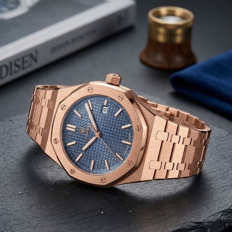Relógio masculino Poedagar Deluxe Octagon Rosé Blue em aço inoxidável, mostrador azul — vista do conjunto