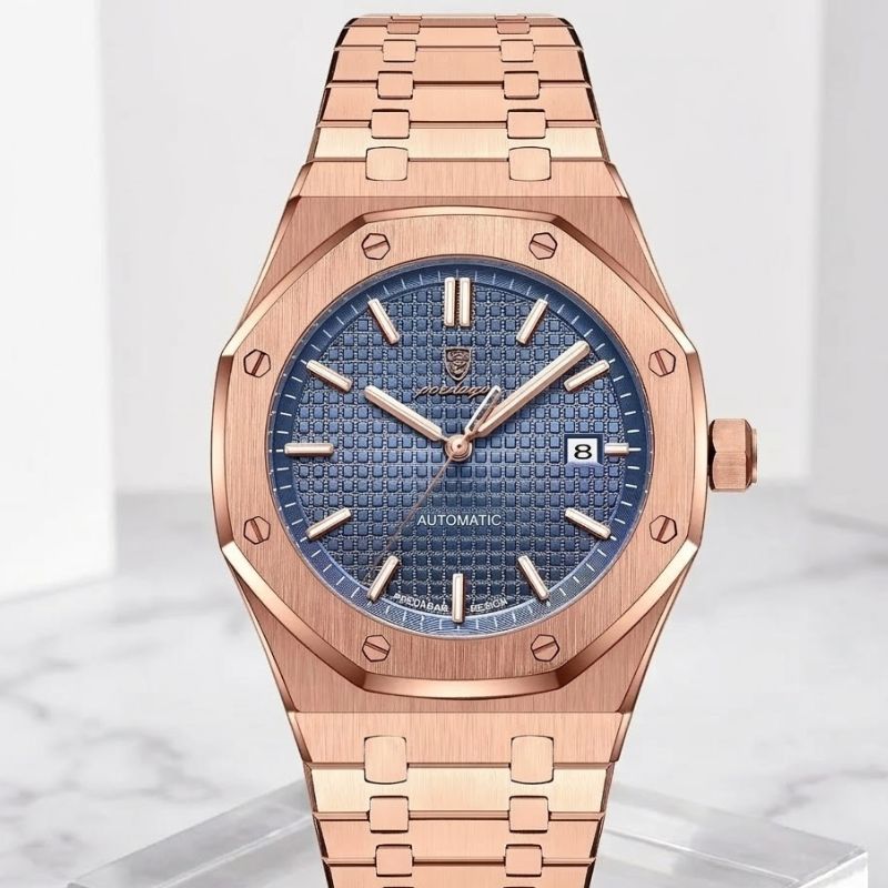 Relógio masculino Poedagar Deluxe Octagon Rosé Blue em aço inoxidável, mostrador azul — detalhe do design