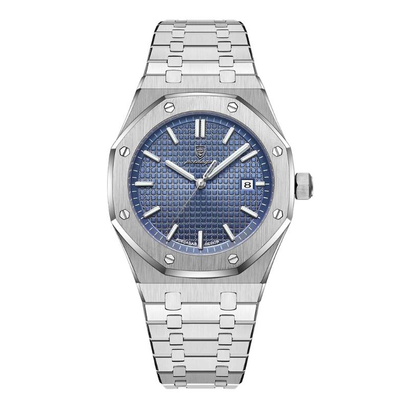 Relógio masculino Poedagar Deluxe Octagon Silver Blue em aço inoxidável, mostrador azul