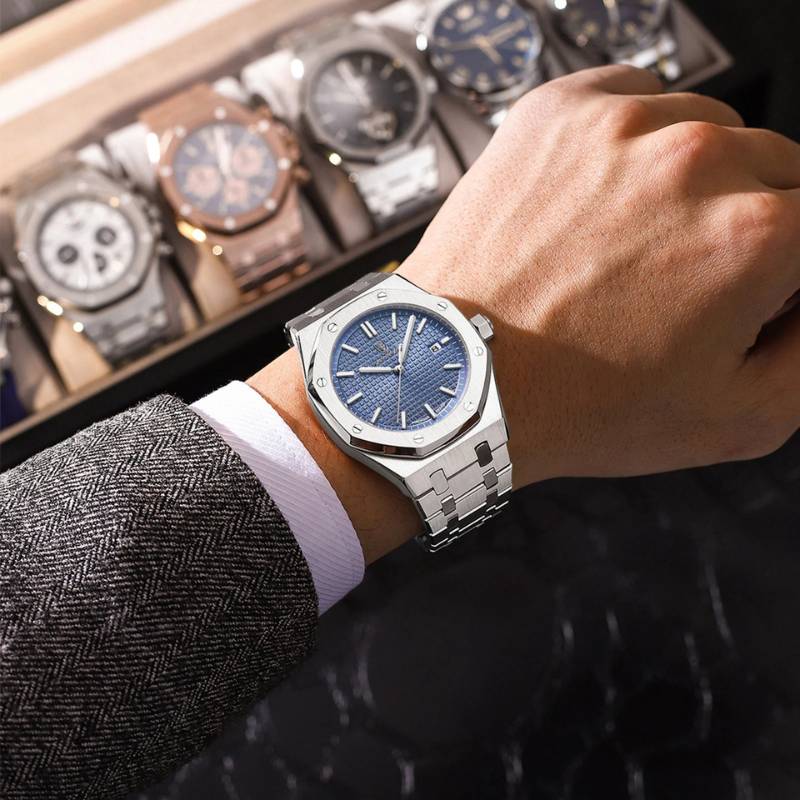 Relógio masculino Poedagar Deluxe Octagon Silver Blue em aço inoxidável, mostrador azul — vista detalhada