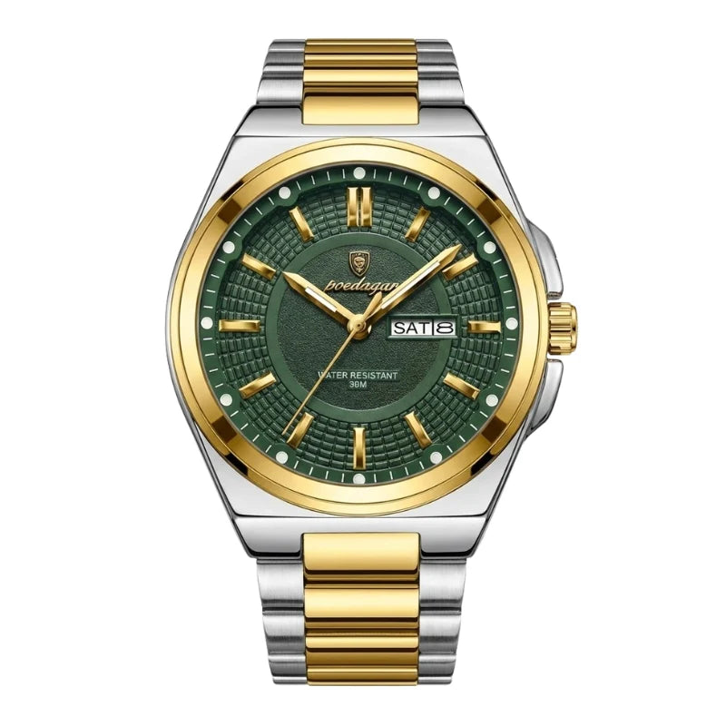 Relógio masculino Poedagar Green Gold Sovereign em aço inoxidável, mostrador verde