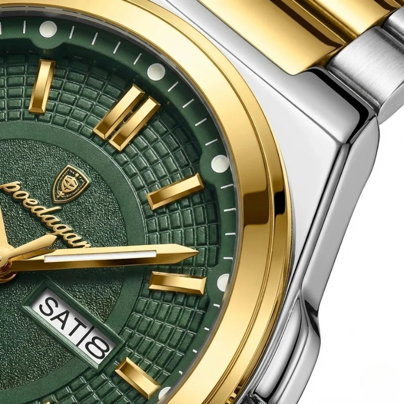 Relógio masculino Poedagar Green Gold Sovereign em aço inoxidável, mostrador verde — vista detalhada