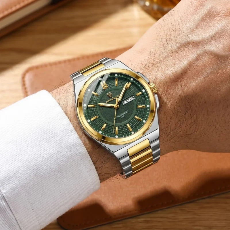 Relógio masculino Poedagar Green Gold Sovereign em aço inoxidável, mostrador verde — vista do conjunto