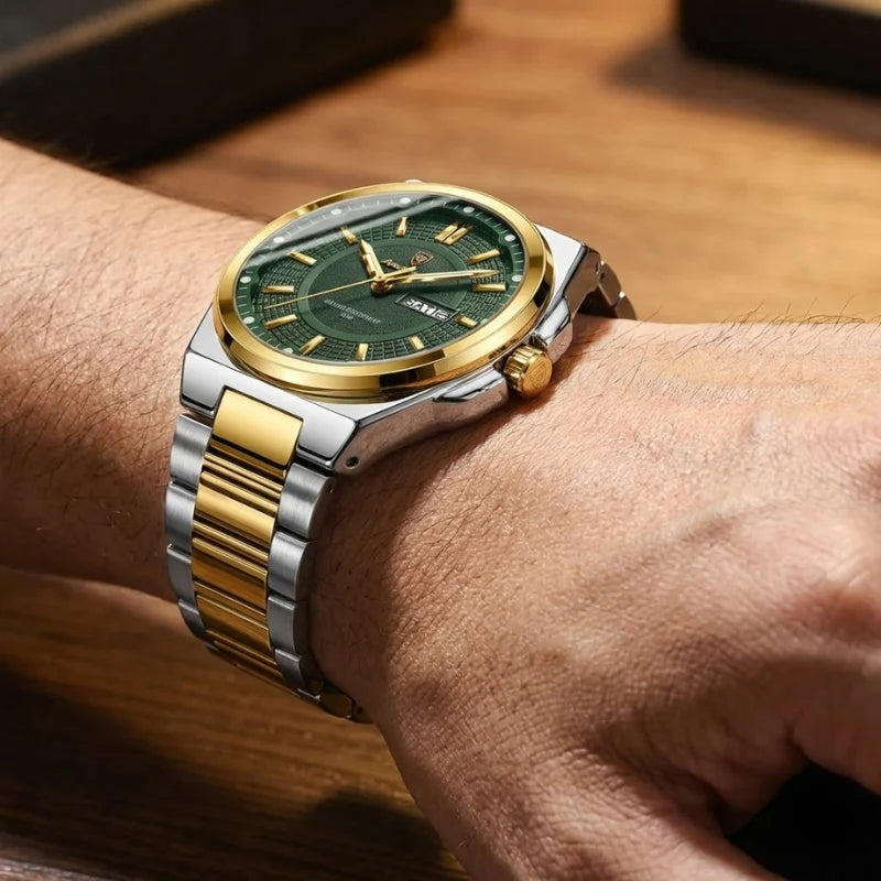 Relógio masculino Poedagar Green Gold Sovereign em aço inoxidável, mostrador verde — outro ângulo
