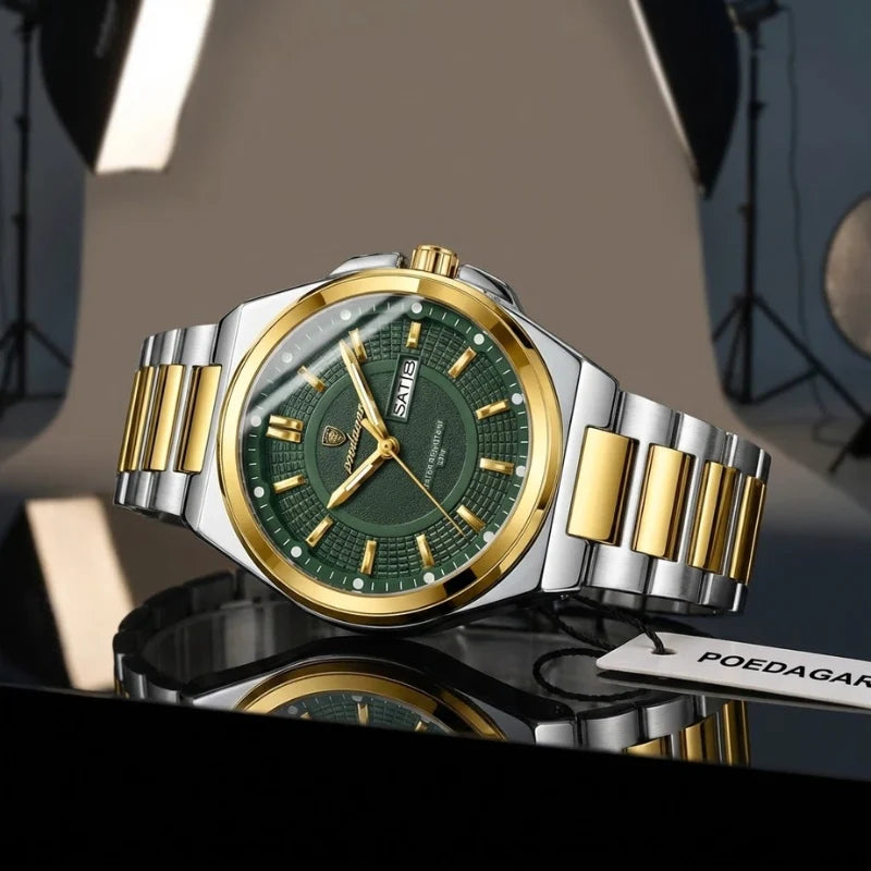 Relógio masculino Poedagar Green Gold Sovereign em aço inoxidável, mostrador verde — detalhe do acabamento