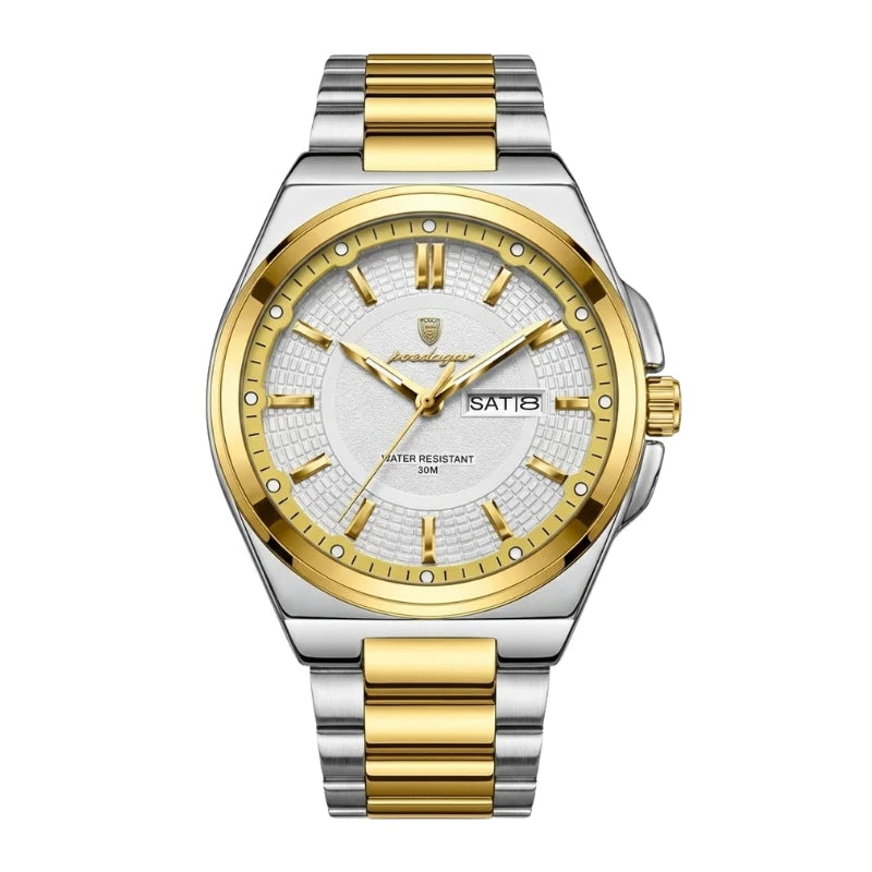 Relógio masculino Poedagar White Gold Sovereign em aço inoxidável, mostrador branco