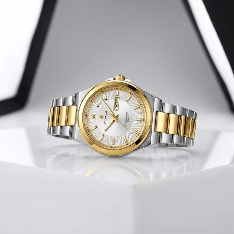 Relógio masculino Poedagar White Gold Sovereign em aço inoxidável, mostrador branco — vista do conjunto