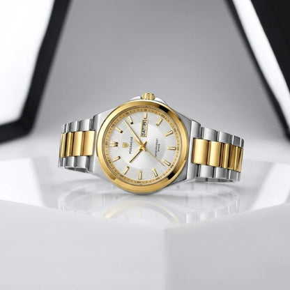 Relógio masculino Poedagar White Gold Sovereign em aço inoxidável, mostrador branco — vista do conjunto