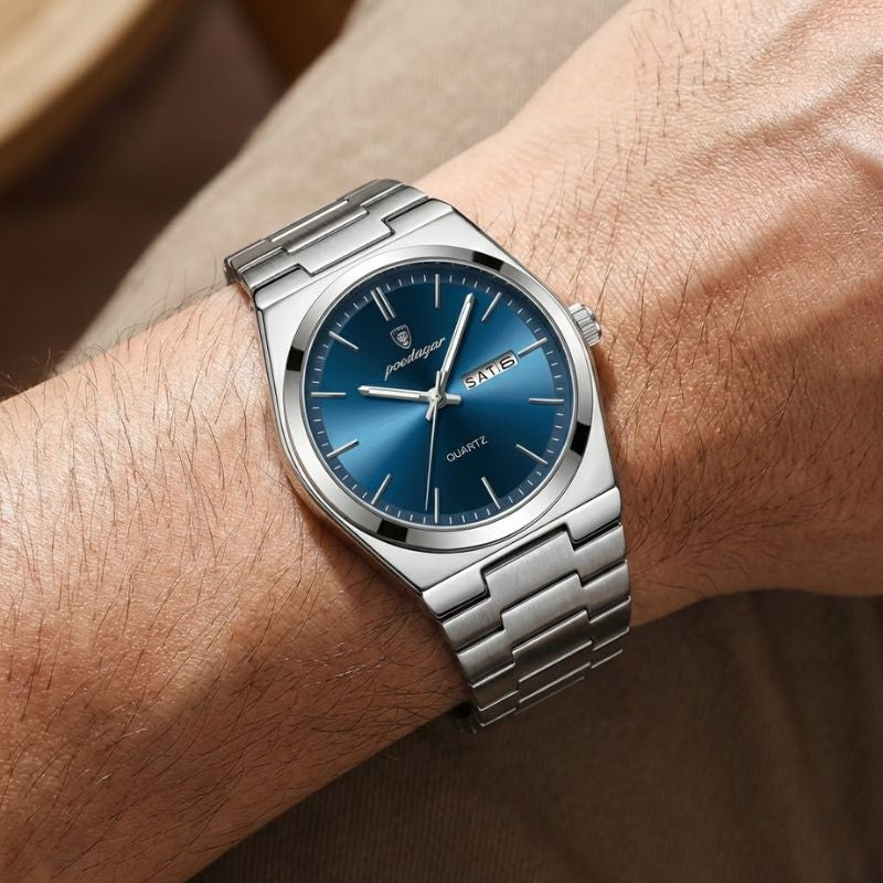 Relógio masculino Poedagar Magnate Blu Profondo em aço inoxidável, mostrador azul — vista detalhada