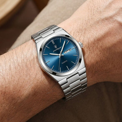 Relógio masculino Poedagar Magnate Blu Profondo em aço inoxidável, mostrador azul — vista detalhada