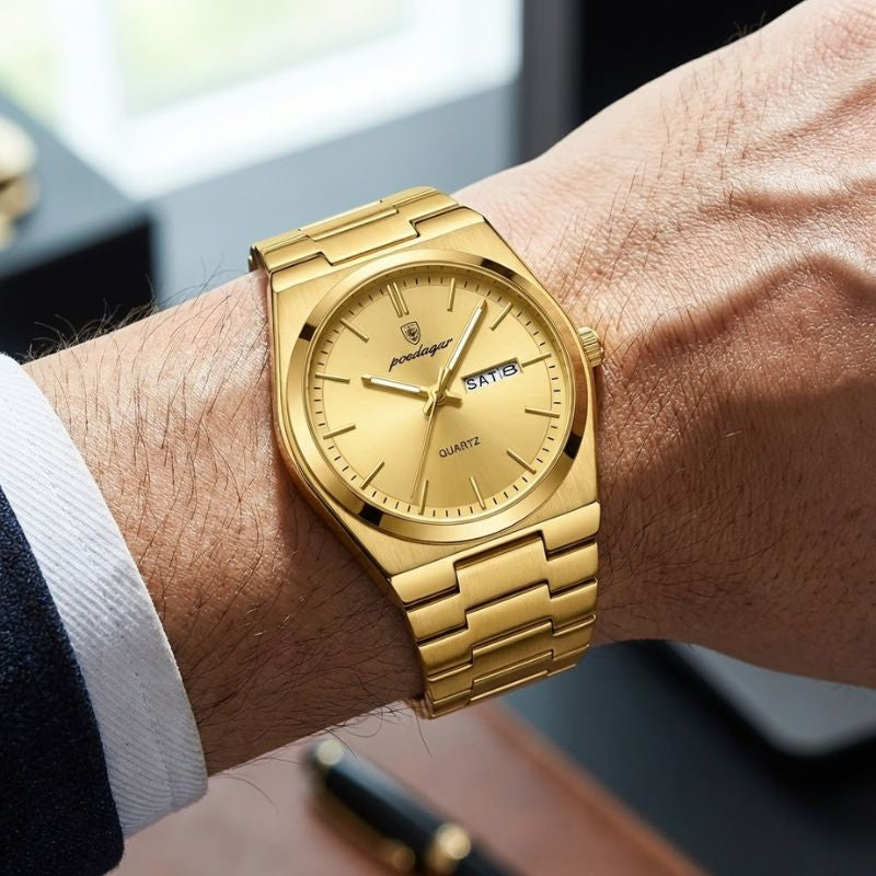 Relógio masculino Poedagar Magnate Oro Imperiale em aço inoxidável, mostrador dourado — vista detalhada