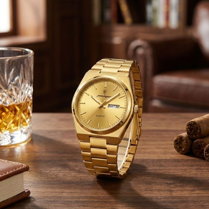 Relógio masculino Poedagar Magnate Oro Imperiale em aço inoxidável, mostrador dourado — vista do conjunto