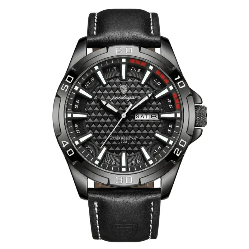 Relógio masculino Poedagar Meridian Black Night em couro, mostrador preto
