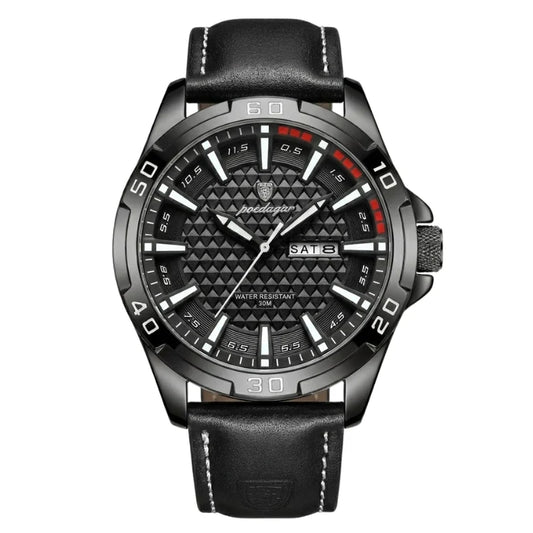 Relógio masculino Poedagar Meridian Black Night em couro, mostrador preto