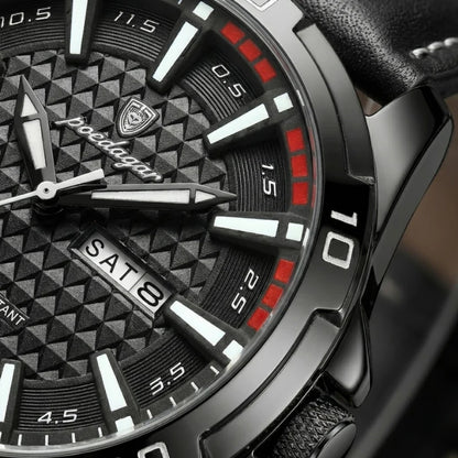 Relógio masculino Poedagar Meridian Black Night em couro, mostrador preto — vista detalhada