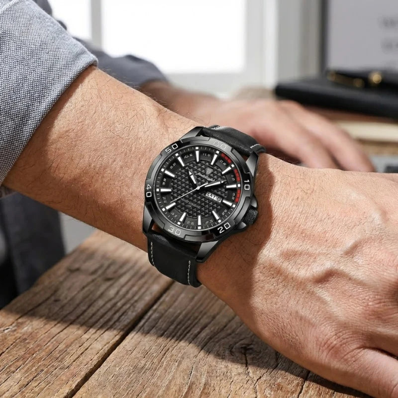 Relógio masculino Poedagar Meridian Black Night em couro, mostrador preto — detalhe do acabamento