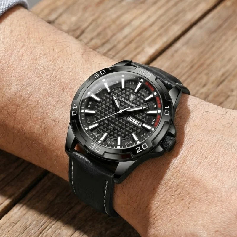 Relógio masculino Poedagar Meridian Black Night em couro, mostrador preto — vista do conjunto