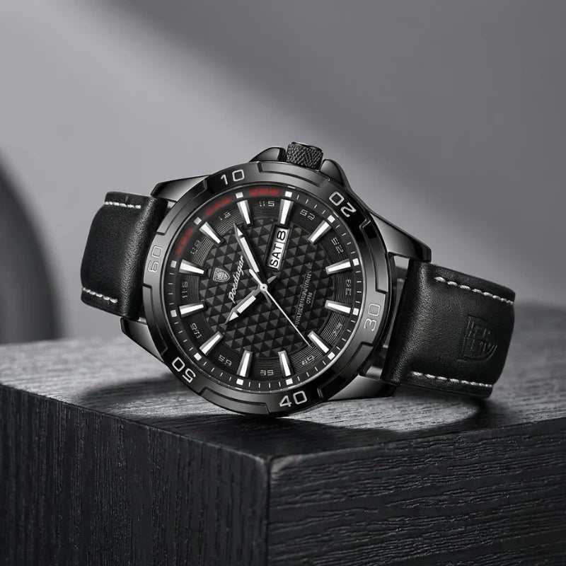 Relógio masculino Poedagar Meridian Black Night em couro, mostrador preto — outro ângulo