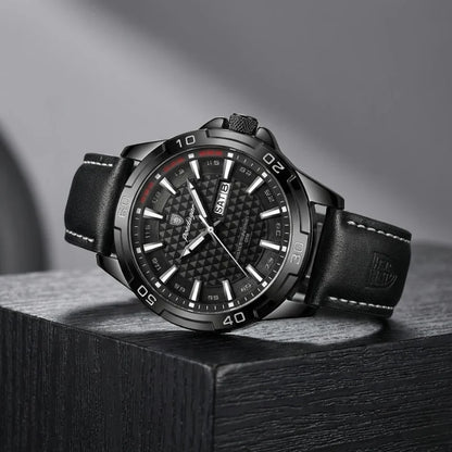 Relógio masculino Poedagar Meridian Black Night em couro, mostrador preto — outro ângulo