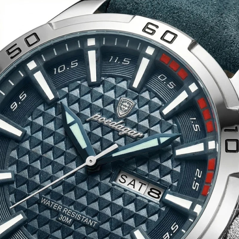 Relógio masculino Poedagar Meridian Blue Ocean em couro, mostrador azul — vista detalhada