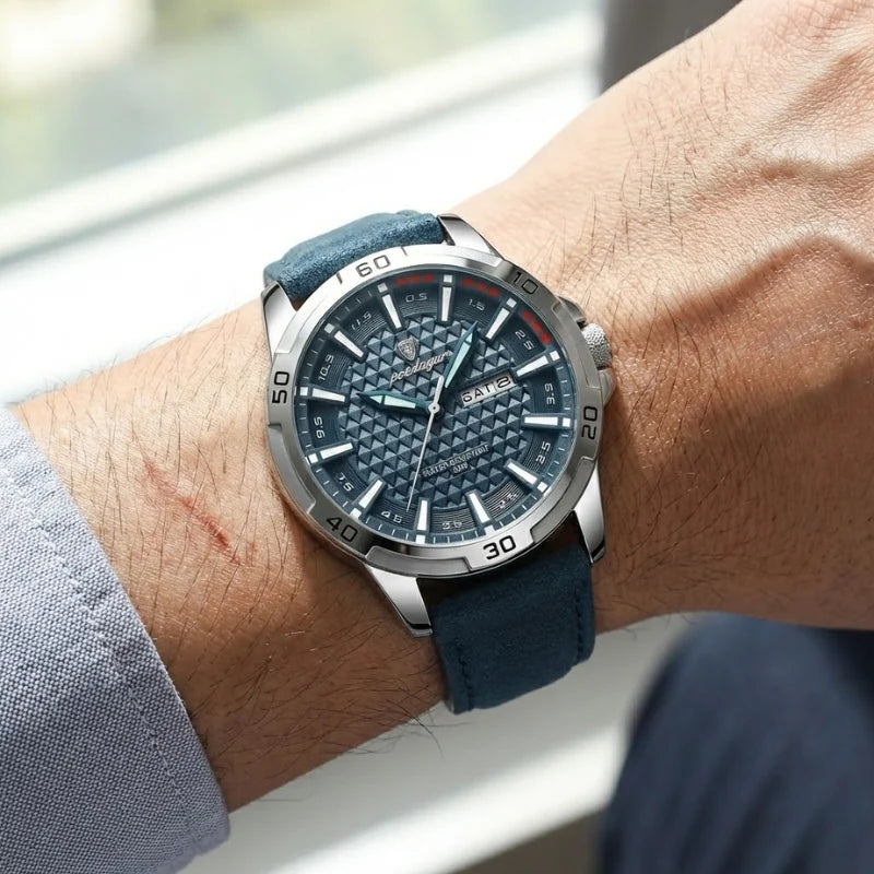 Relógio masculino Poedagar Meridian Blue Ocean em couro, mostrador azul — outro ângulo