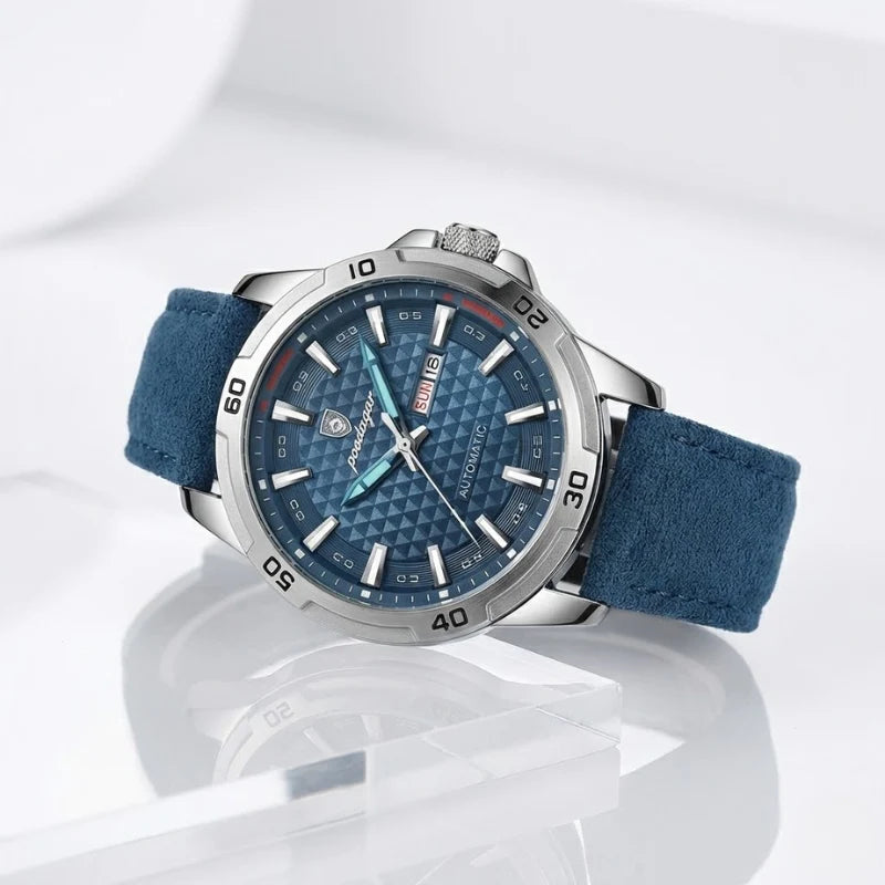 Relógio masculino Poedagar Meridian Blue Ocean em couro, mostrador azul — vista do conjunto