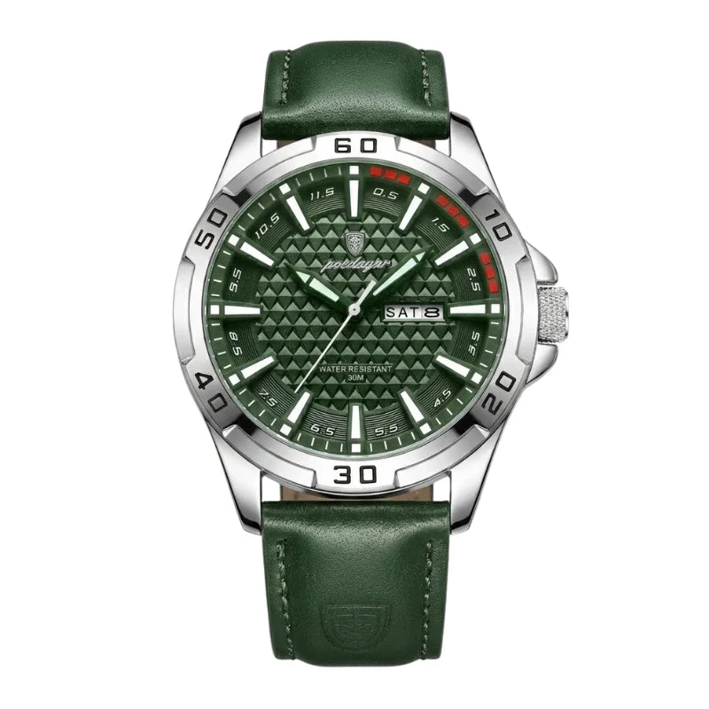Relógio masculino Poedagar Meridian Green Savage em couro, mostrador verde