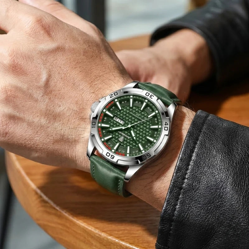 Relógio masculino Poedagar Meridian Green Savage em couro, mostrador verde — vista do conjunto