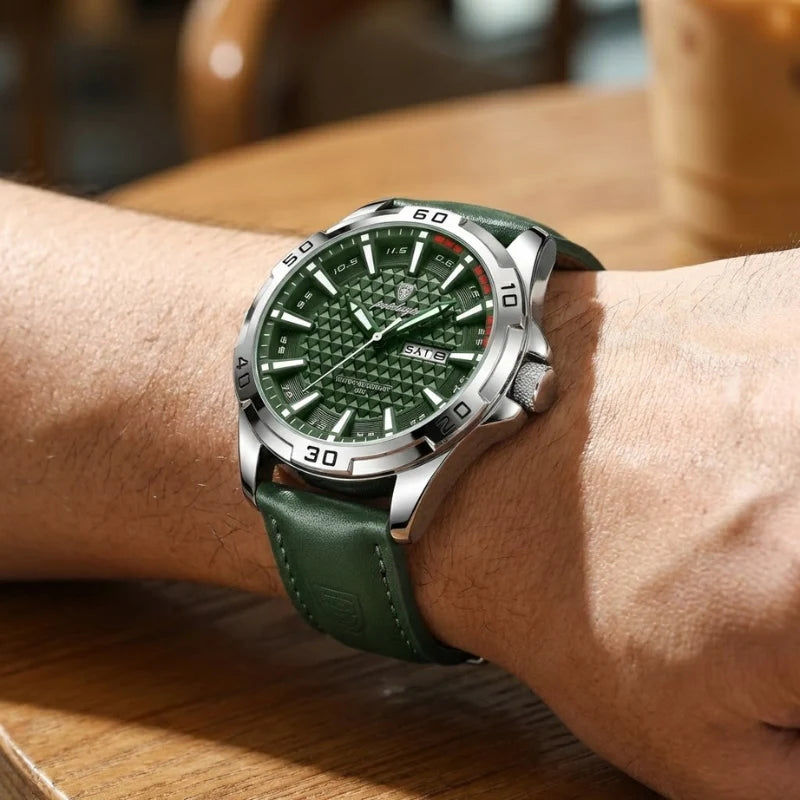 Relógio masculino Poedagar Meridian Green Savage em couro, mostrador verde — outro ângulo