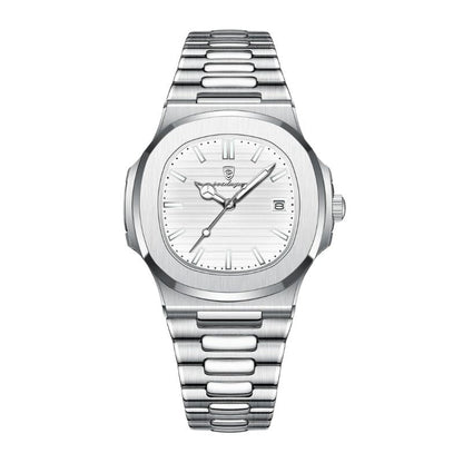 Relógio masculino Poedagar Nautilus White em aço inoxidável, mostrador branco