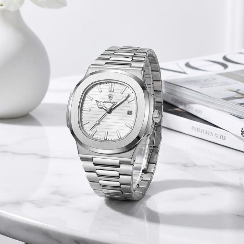 Relógio masculino Poedagar Nautilus White em aço inoxidável, mostrador branco — outro ângulo