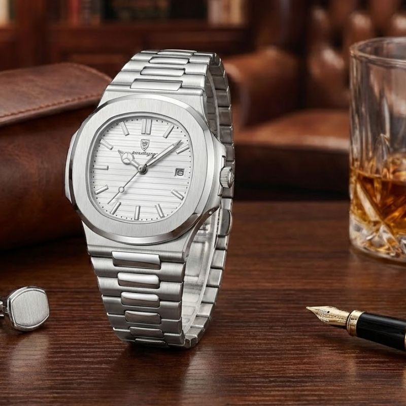 Relógio masculino Poedagar Nautilus White em aço inoxidável, mostrador branco — vista do conjunto